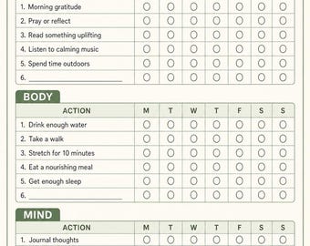 Selbstpflege Checkliste ausdrucken, Wochenplaner & Wellness Tracker, Journal für psychische Gesundheit, Achtsamkeits-Routine, Sofort-Download PDF