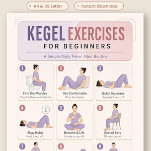 Pode incluir: Um cartaz instrutivo intitulado KEGEL EXERCISES FOR BEGINNERS com nove ilustrações numeradas de uma pessoa em roupas roxas demonstrando rotinas de assoalho pélvico. O gráfico inclui instruções de texto para cada passo e uma nota de rodapé.