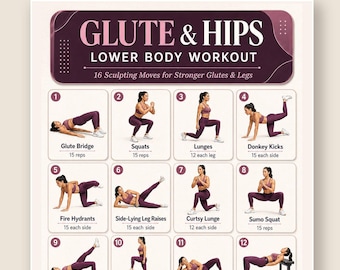 Glute and Hips Lower Body Workout Printable, Booty Leg Day Routine, Home Strength Chart, Instant Download PDF