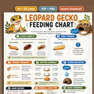 Voedingstabel luipaardgekko's, afdrukbare afbeelding veilige insecten, A4 US Letter onderhoudsgids voor gekko's