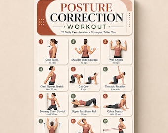 Esercizi di correzione posturale stampabili, poster con esercizi per la postura, tabella di esercizi per la schiena, decorazioni murali per l'allenamento a casa, download immediato in PDF