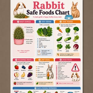 Rabbit Safe Foods Chart, Bunny Diet Guide Printable Image, A4 US Letter New Rabbit Owner Kitchen Chart