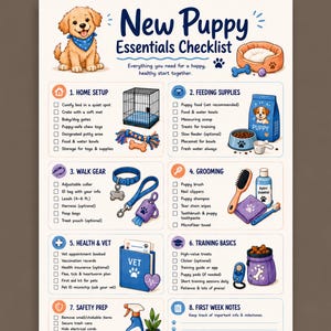 May include: A New Puppy Essentials Checklist document featuring a golden puppy illustration and eight categorised sections including home setup, feeding supplies, walk gear, grooming, health, training, safety, and notes with various pet icons.
