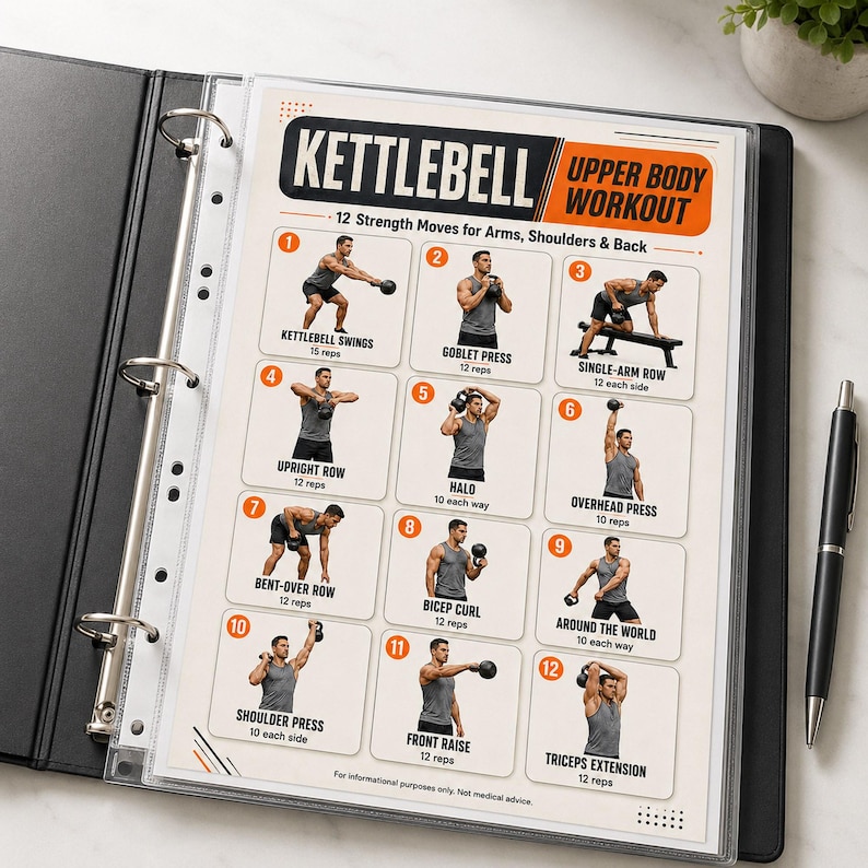Kettlebell Upper Body Workout Printable, Arms Shoulders Back Routine ...