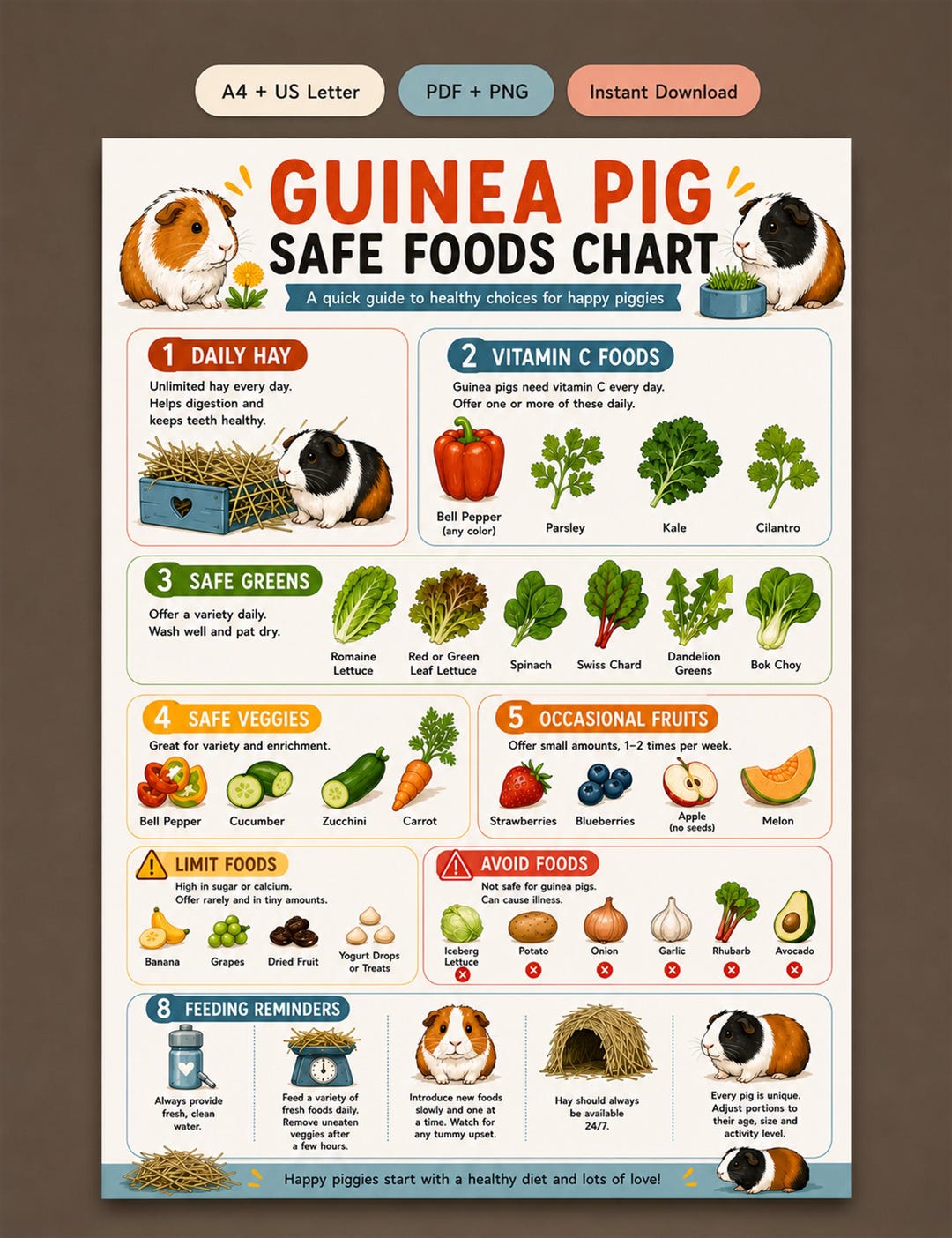Guinea Pig Safe Foods Chart, Cavy Diet Guide Printable Image, A4 US ...