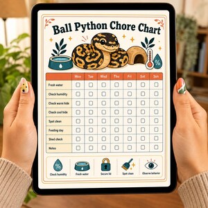 Może przedstawiać: Cyfrowa tabela obowiązk&oacute;w dla pytona kr&oacute;lewskiego wyświetlona na ekranie tabletu. Grafika przedstawia ilustrowanego węża, miskę z wodą, kryj&oacute;wkę i termometr. Zawiera cotygodniową listę kontrolną zadań, takich jak świeża woda i wilgotność.