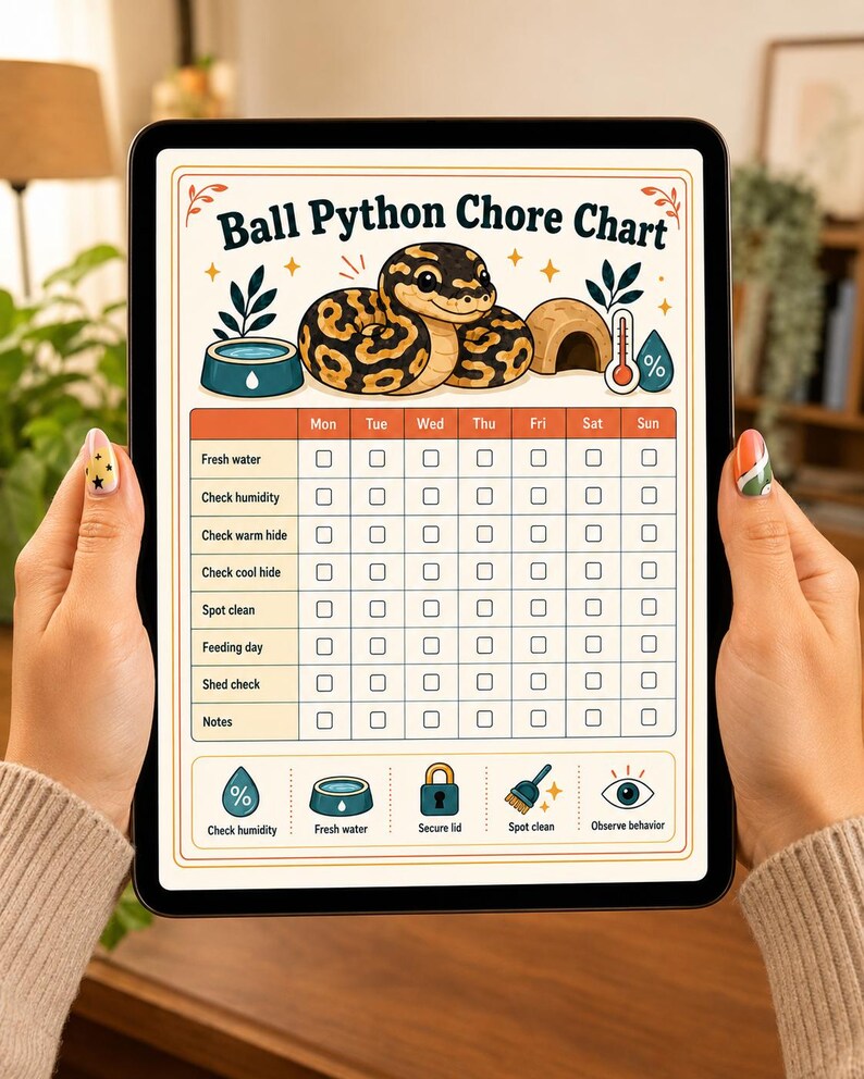 Może przedstawiać: Cyfrowa tabela obowiązk&oacute;w dla pytona kr&oacute;lewskiego wyświetlona na ekranie tabletu. Grafika przedstawia ilustrowanego węża, miskę z wodą, kryj&oacute;wkę i termometr. Zawiera cotygodniową listę kontrolną zadań, takich jak świeża woda i wilgotność.