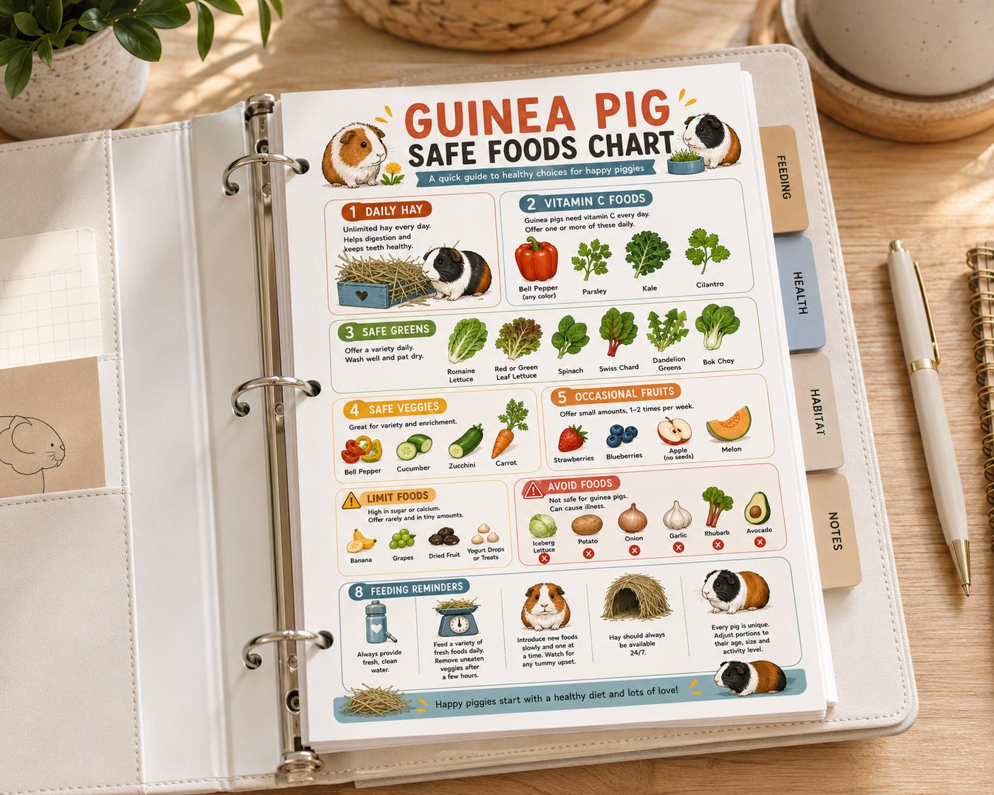 Guinea Pig Safe Foods Chart, Cavy Diet Guide Printable Image, A4 US ...