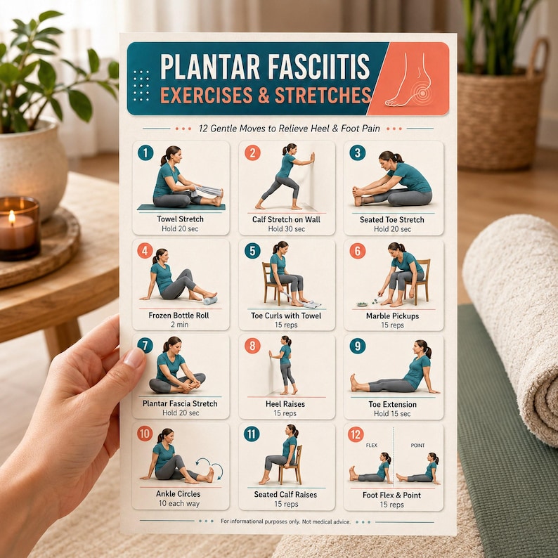 Plantar Fasciitis Exercises Printable, Foot Pain Relief Stretch Chart ...