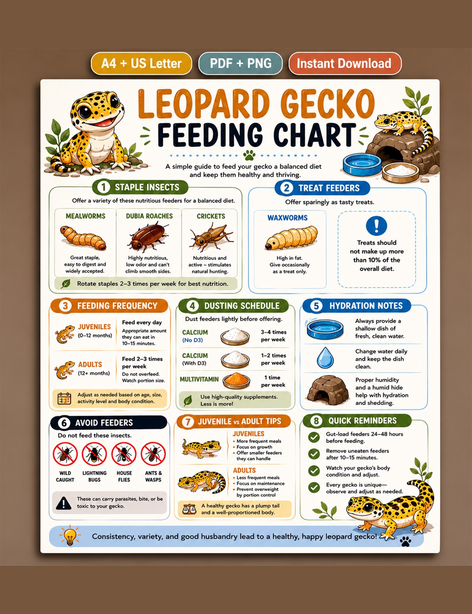 Leopard Gecko Feeding Chart, Safe Insects Printable Image, A4 US Letter ...