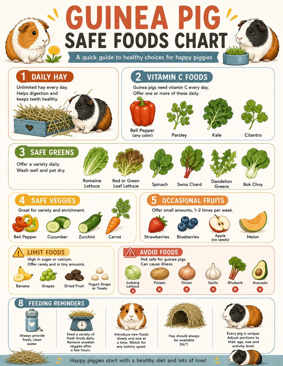 Guinea Pig Safe Foods Chart, Cavy Diet Guide Printable Image, A4 US ...