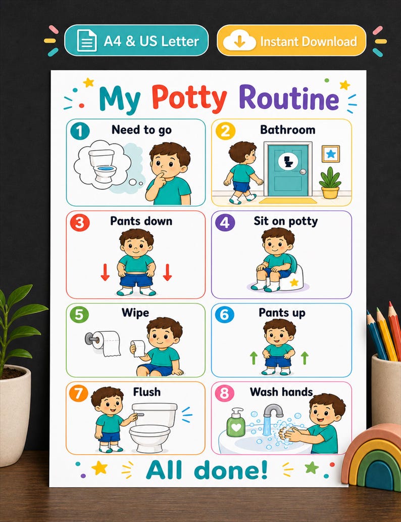 Potty Routine Chart Printable for Kids, Visual Bathroom Steps, Toilet ...