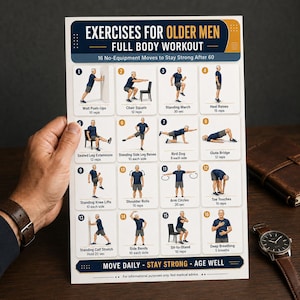 May include: A white informational poster titled EXERCISES FOR OLDER MEN FULL BODY WORKOUT. It features 16 numbered illustrations of exercises with text labels like Wall Push-Ups and Glute Bridge, plus the footer text MOVE DAILY - STAY STRONG - AGE WELL.