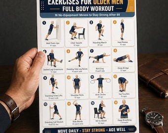 Full Body Exercises for Older Men Printable, Senior Men Workout Chart, 16 Move Strength Routine, No Equipment, Instant Download PDF