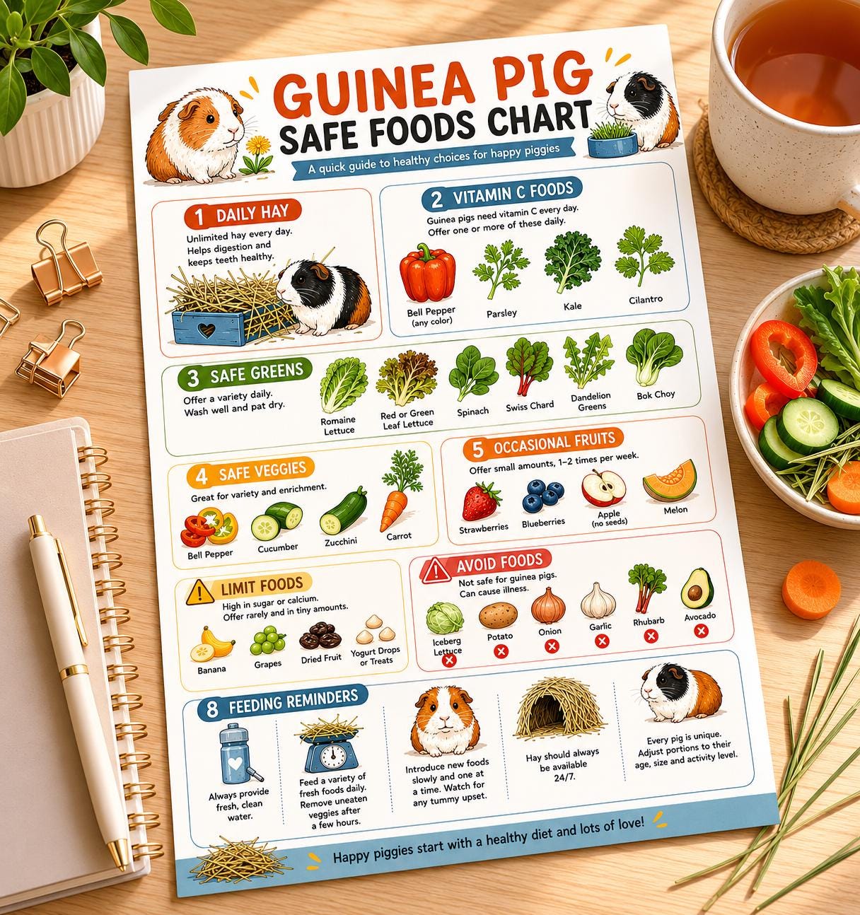 Guinea Pig Safe Foods Chart, Cavy Diet Guide Printable Image, A4 US ...