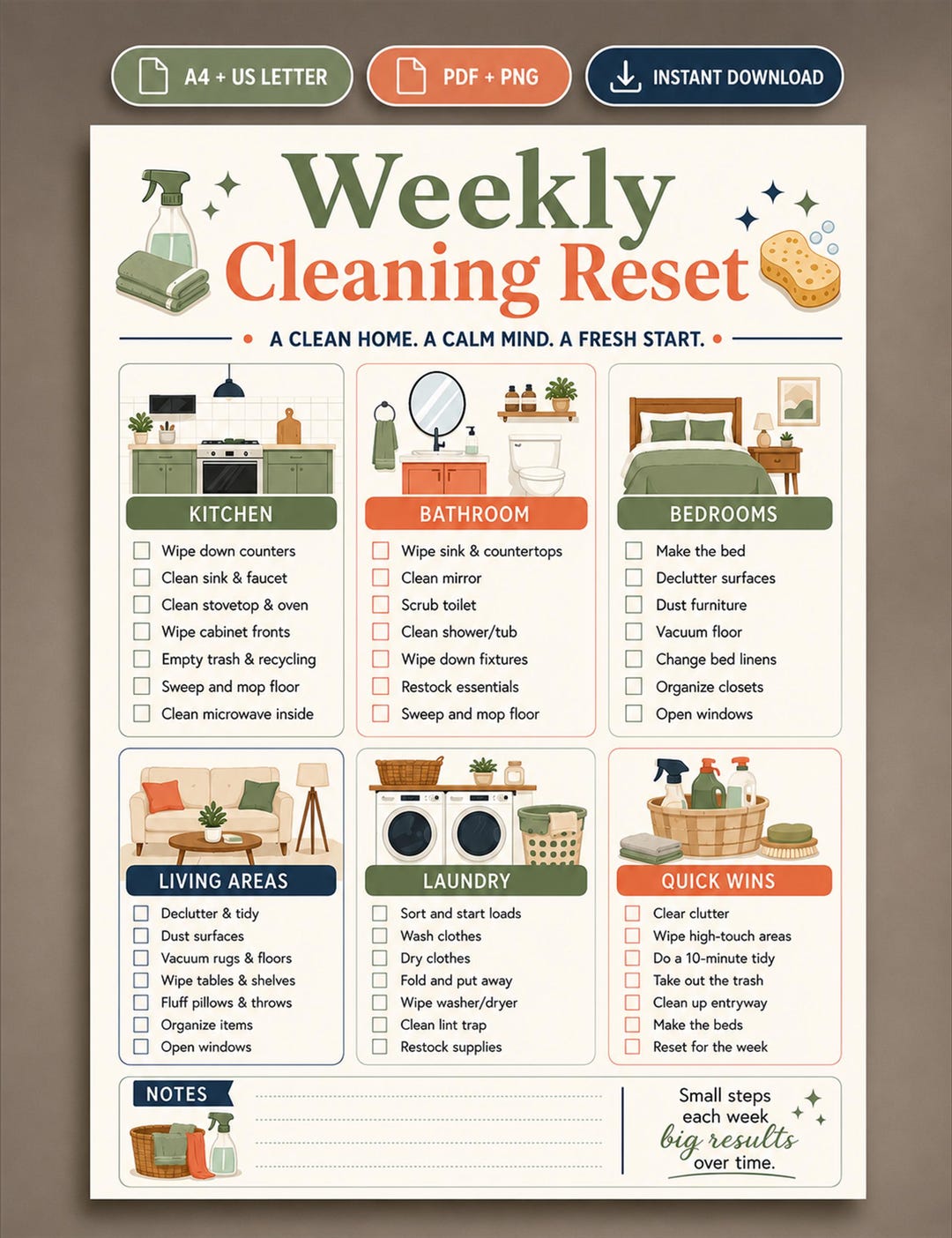 Weekly Cleaning Reset Checklist Printable, A4 US Letter PDF, Home ...