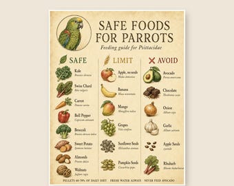 Papagei sichere Lebensmittel Tabelle zum ausdrucken, Vogelfütterung, sichere und giftige Lebensmittel Liste, Vintage Papagei Wandkunst, Sofort Download PDF