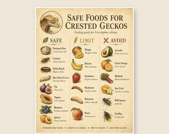 Crested Gecko Diagramm zum Ausdrucken, sichere und toxische Lebensmittel, Reptilienfütterung, Vintage Eidechse Wandkunst, Sofort-Download PDF