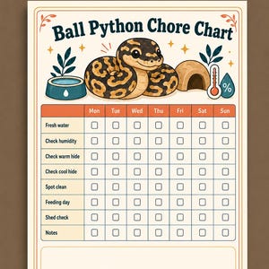 Peut inclure: Un tableau de suivi des tâches pour python royal avec une illustration de serpent, un bol d'eau, une cachette et un thermomètre. La grille comprend les jours de la semaine et des lignes pour l'entretien. Le texte indique A4 & US Letter Sized.