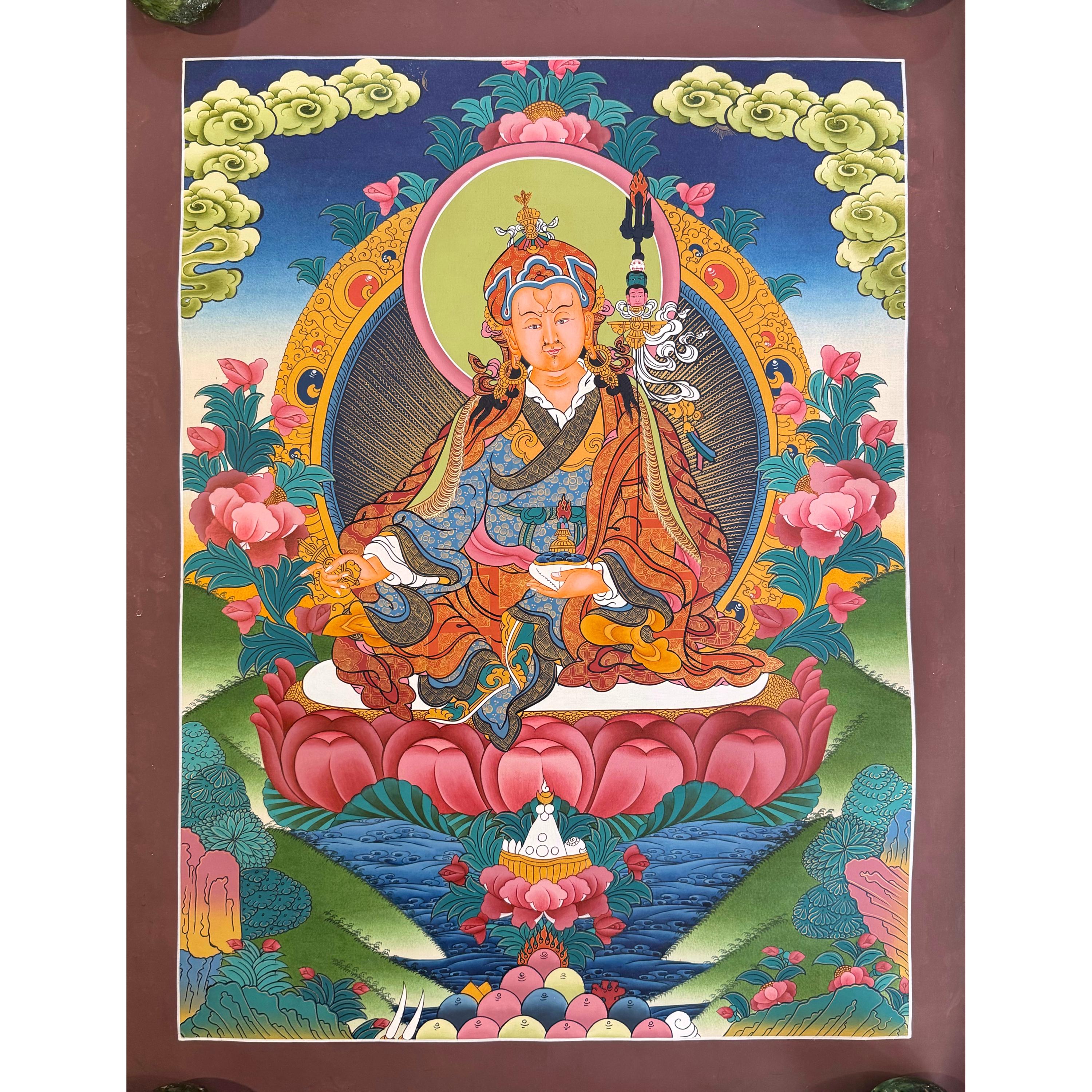 Master Quality 24k Gold Painted Guru Rinpoche Thangka, Padmasambhava Art, Handmade Thangka on Cotton Canvas From Nepal