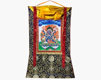 Seidenbrokat aufgezogen Mahakala Thangka, und handgemachtes heiliges Thangka Gemälde für Meditation und Glück, tibetische Wanddekoration Malerei