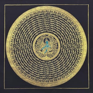 22x22 Inch Green Tara Mantra Mandala Thangka Painting, Handmade Tibetan Art for Meditation, Yoga and Decoration