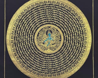 22 x 22 pouces vert Tara Mantra Mandala Thangka peinture, art tibétain fait main pour la méditation, le yoga et la décoration