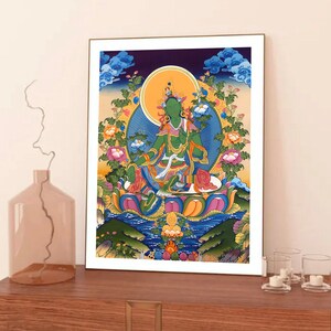 Green Tara Thangka Painting, Tara Art, Handmade Sacred Thangka Painting for Meditation & Good Luck to house, Tibetan Decoration Painting