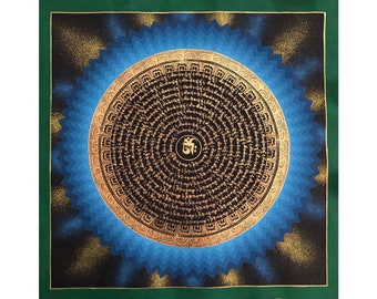 Blue Rainbow Mantra Mandala Thangka Painting, Om Mani Padme Hum Mandala Thanka, Blessed Mandala on Cotton Canvas