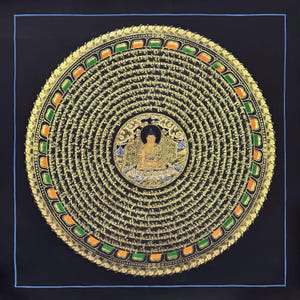 53x53 cm Buddha Mantra Mandala Thangka Art from Himalayas, Best for Meditation and Decoration