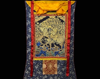 Silk Brocade Miunted Dorje Legpa Thangka Painting, Handmade Sacred Thangka Painting for Meditation