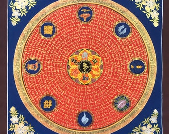 May include: A circular mandala featuring eight symbols, including a conch shell, a fish, a lotus flower, a vase, a parasol, a wheel, a knot, and a victory banner. The mandala is painted in gold and red on a blue background.