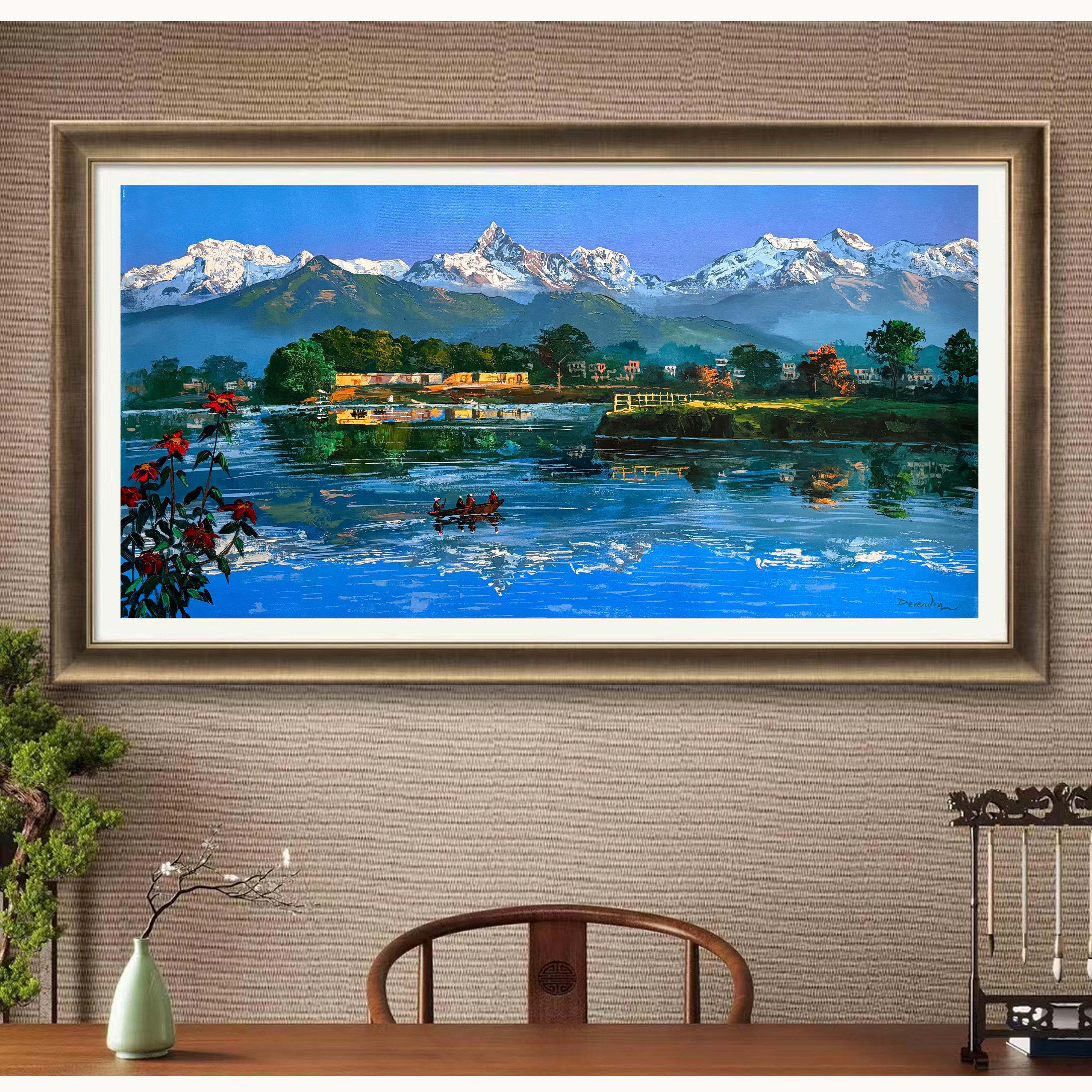 Lake View (油絵)     YUKI Acrylic Painting of Fewa Lake, Pokhara, Mount Fishtail on