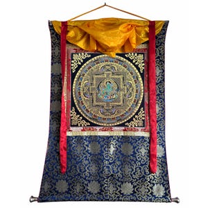 Silk Brocade Mounted Green Tara Mandala Thangka Painting from Nepal, Hand made Thanka Art