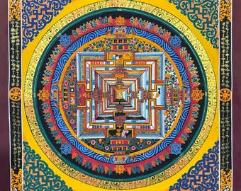 May include: A colorful mandala with a square design in the center. The mandala is surrounded by a circle of blue, red, and yellow. The square design is made up of smaller squares and rectangles, and it is surrounded by a circle of flowers. The mandala is painted on a dark background.