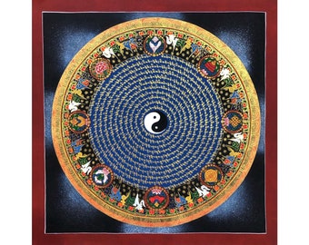 Yin-Yang Mantra Mandala Thangka, Handmade Sacred Thangka Painting for Good Luck to house, Tibetan Wall Decoration Painting