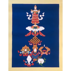 Acht Glücksverheißende Symbole Thangka, Handgemachte Heilige Thangka Malerei für Meditation und viel Glück zum Haus - Good Luck Thangka
