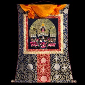 Silk Brocade Mounted Yamantaka Tibetan thangka, Thangka Gold leaf Painting