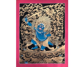 May include: A blue deity with a fierce expression, adorned with gold jewelry, sits on a lotus flower surrounded by swirling clouds. The deity is painted in a traditional Tibetan style with gold accents on a black background.