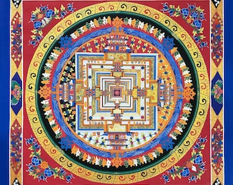 43x43 Inch Red Background Master Quality Kalachakra Mandala Thangka, Wheel of Time