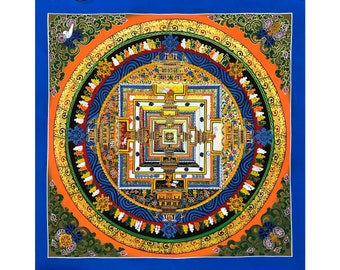 May include: A colorful mandala with intricate details, featuring a square within a circle, surrounded by a border of floral patterns. The mandala is painted in shades of blue, orange, yellow, and green.