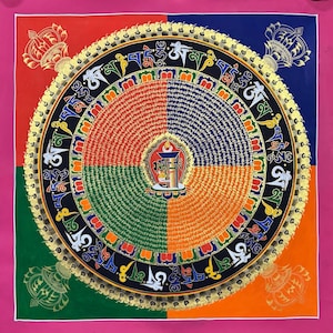 Om Mani Padmi Hum Mantra Mandala Thangka Painting, Genuine Quality Tibetan Wall Art for Decoration, Yoga and Meditation