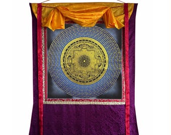 Mantra Mandala Thangka montado en brocado de gran tamaño, arte Om Mani Padme Hum Thanka, mandala de oración, mandala de canto