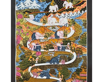 Weg zum Himmel Thangka Malerei, Weg zum Nirvana Thanka, handgefertigte tibetische Wandkunst für Meditation, Yoga und Dekoration