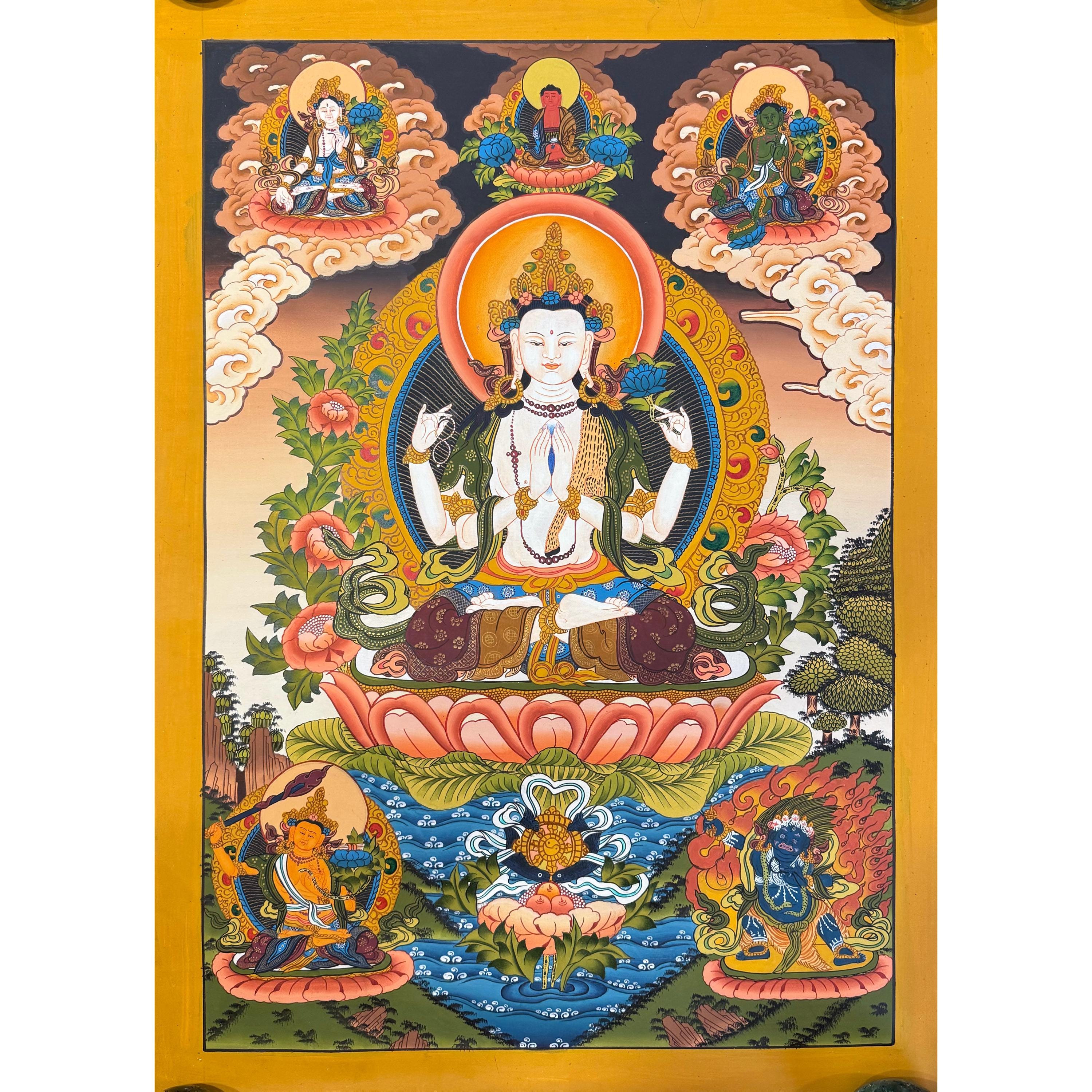 タンカアート 24Kゴールド使用のチェンレジタンカ絵画、装飾、ヨガ、瞑想のための