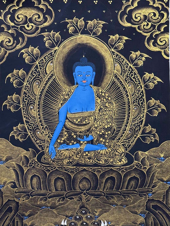 Medicine Buddha Thangka Painting, Healing Buddha Tibetan Wall Art