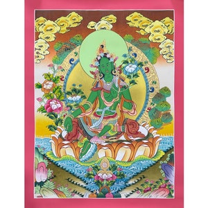 Hoge kwaliteit groene Tara Thangka schilderij, handgemaakte Tibetaanse kunst uit de Himalaya