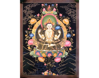 24K Gold Chenrezig Handgemachtes Thangka Gemälde, Wanddekoration aus dem Himalaya