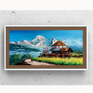 Traditional Nepali Village Scene with Annapurna in Background – Acrylic Painting