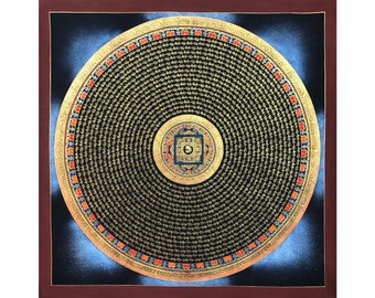 Om Mani Padmi Hum Mantra Mandala Thangka Painting, Genuine Quality Tibetan Wall Art for Decoration, Yoga and Meditation
